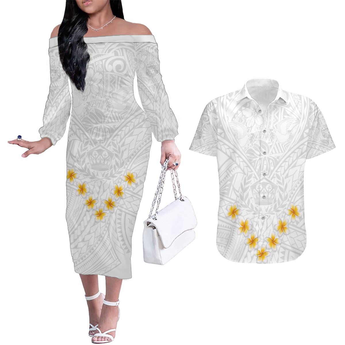 Tonga White Sunday Couples Matching Off The Shoulder Long Sleeve Dress and Hawaiian Shirt Polynesian Plumeria Tribal Simple LT9 - Wonder Print Shop