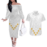 Tonga White Sunday Couples Matching Off The Shoulder Long Sleeve Dress and Hawaiian Shirt Polynesian Plumeria Tribal Simple LT9 - Wonder Print Shop