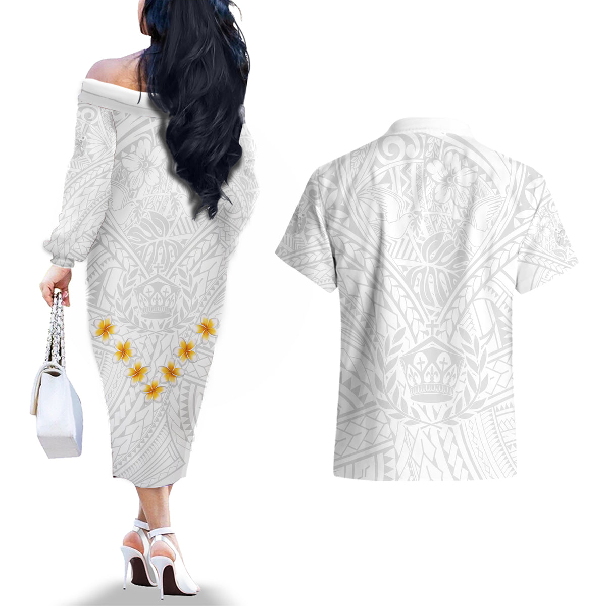 Tonga White Sunday Couples Matching Off The Shoulder Long Sleeve Dress and Hawaiian Shirt Polynesian Plumeria Tribal Simple LT9 - Wonder Print Shop