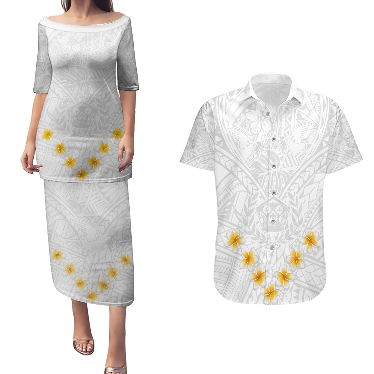 Tonga White Sunday Couples Matching Puletasi Dress and Hawaiian Shirt Polynesian Plumeria Tribal Simple LT9 - Wonder Print Shop