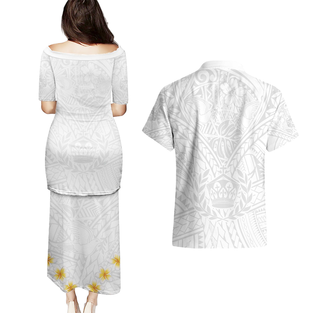 Tonga White Sunday Couples Matching Puletasi Dress and Hawaiian Shirt Polynesian Plumeria Tribal Simple LT9 - Wonder Print Shop