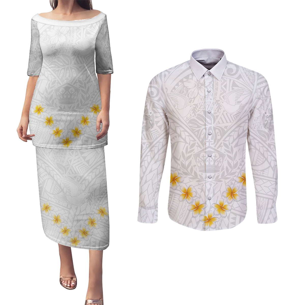 Tonga White Sunday Couples Matching Puletasi Dress and Long Sleeve Button Shirts Polynesian Plumeria Tribal Simple LT9 - Wonder Print Shop