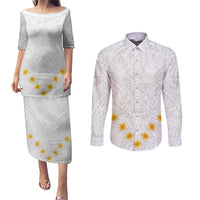 Tonga White Sunday Couples Matching Puletasi Dress and Long Sleeve Button Shirts Polynesian Plumeria Tribal Simple LT9 - Wonder Print Shop