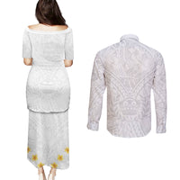 Tonga White Sunday Couples Matching Puletasi Dress and Long Sleeve Button Shirts Polynesian Plumeria Tribal Simple LT9 - Wonder Print Shop