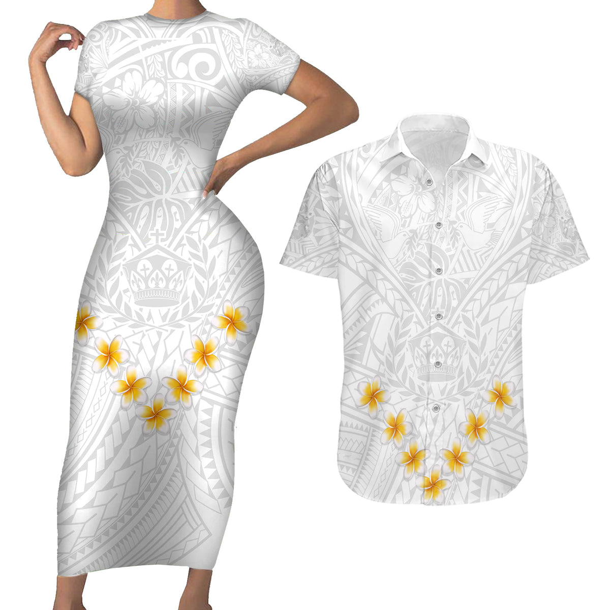 Tonga White Sunday Couples Matching Short Sleeve Bodycon Dress and Hawaiian Shirt Polynesian Plumeria Tribal Simple LT9 - Wonder Print Shop