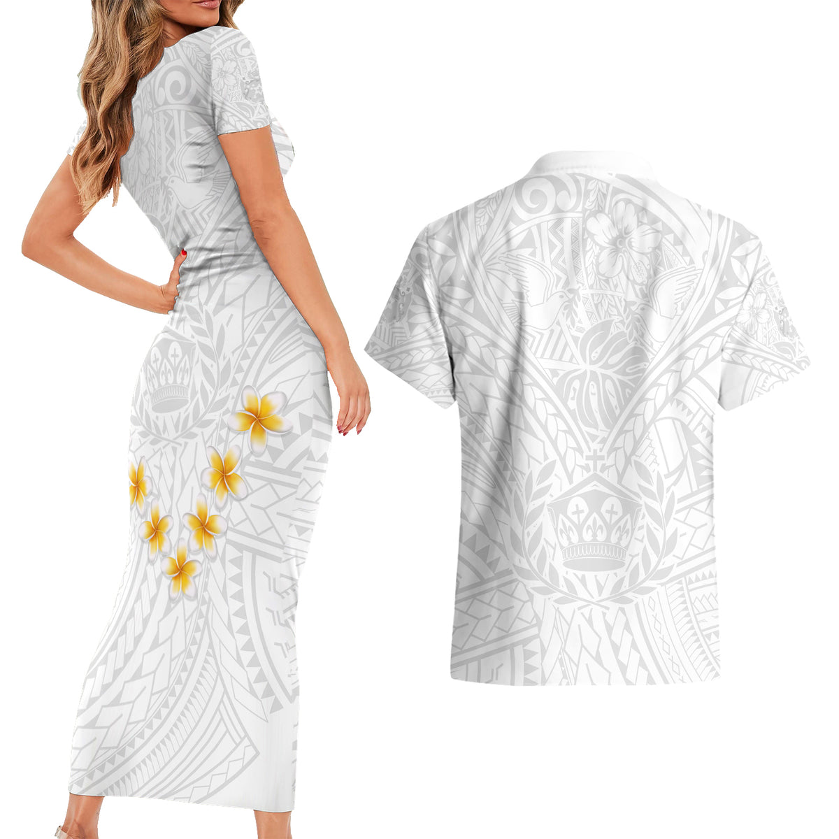 Tonga White Sunday Couples Matching Short Sleeve Bodycon Dress and Hawaiian Shirt Polynesian Plumeria Tribal Simple LT9 - Wonder Print Shop