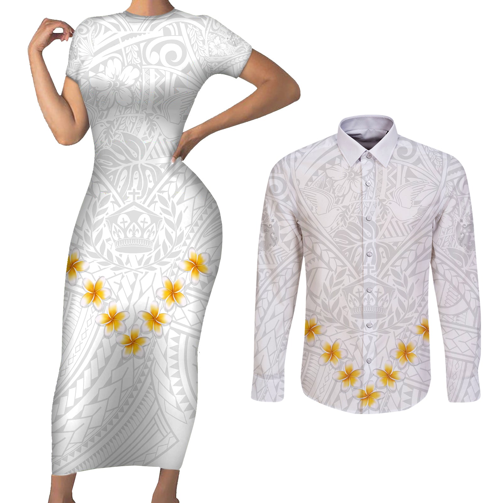 Tonga White Sunday Couples Matching Short Sleeve Bodycon Dress and Long Sleeve Button Shirts Polynesian Plumeria Tribal Simple LT9 - Wonder Print Shop