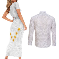 Tonga White Sunday Couples Matching Short Sleeve Bodycon Dress and Long Sleeve Button Shirts Polynesian Plumeria Tribal Simple LT9 - Wonder Print Shop