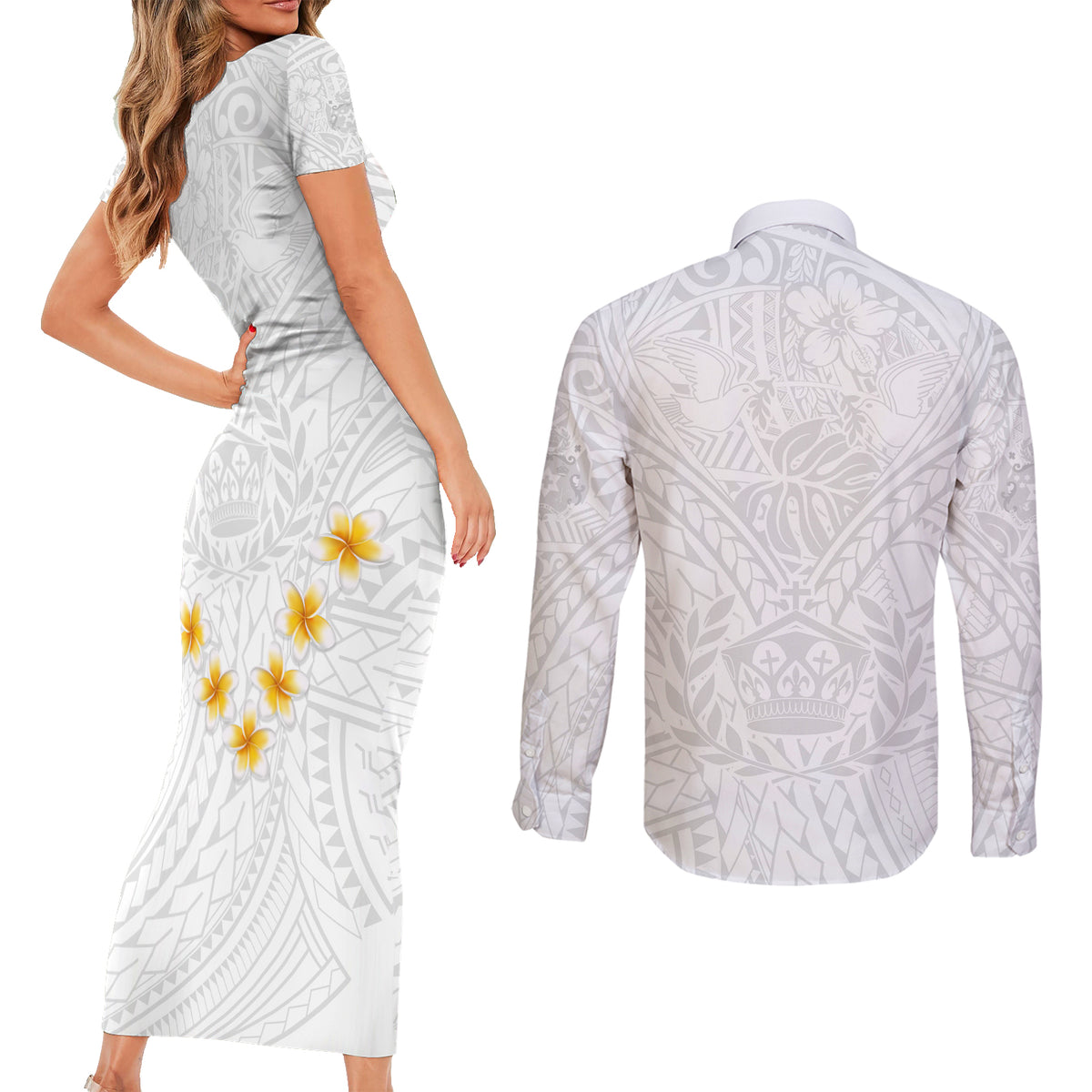 Tonga White Sunday Couples Matching Short Sleeve Bodycon Dress and Long Sleeve Button Shirts Polynesian Plumeria Tribal Simple LT9 - Wonder Print Shop