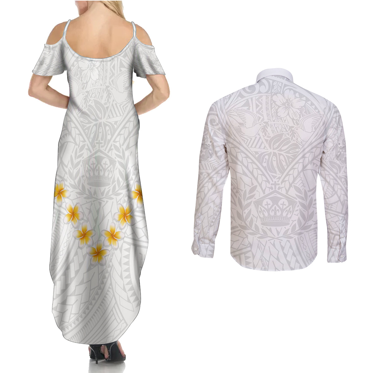 Tonga White Sunday Couples Matching Summer Maxi Dress and Long Sleeve Button Shirts Polynesian Plumeria Tribal Simple LT9 - Wonder Print Shop