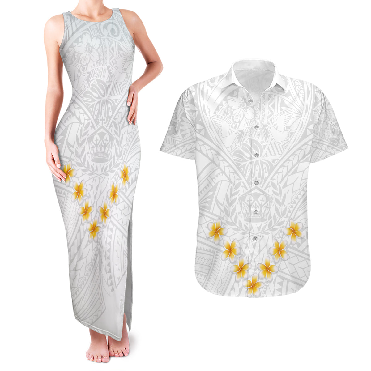 Tonga White Sunday Couples Matching Tank Maxi Dress and Hawaiian Shirt Polynesian Plumeria Tribal Simple LT9 - Wonder Print Shop