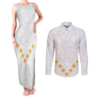 Tonga White Sunday Couples Matching Tank Maxi Dress and Long Sleeve Button Shirts Polynesian Plumeria Tribal Simple LT9 - Wonder Print Shop