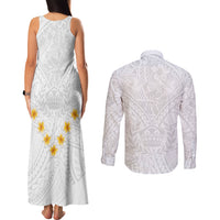Tonga White Sunday Couples Matching Tank Maxi Dress and Long Sleeve Button Shirts Polynesian Plumeria Tribal Simple LT9 - Wonder Print Shop