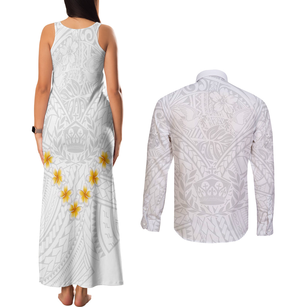 Tonga White Sunday Couples Matching Tank Maxi Dress and Long Sleeve Button Shirts Polynesian Plumeria Tribal Simple LT9 - Wonder Print Shop