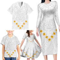 Tonga White Sunday Family Matching Long Sleeve Bodycon Dress and Hawaiian Shirt Polynesian Plumeria Tribal Simple LT9 - Wonder Print Shop