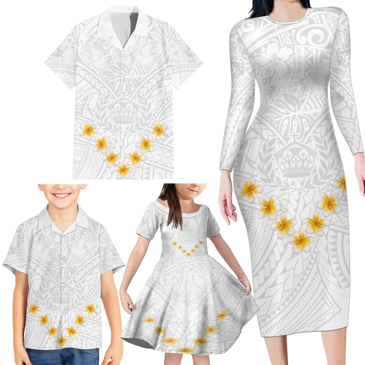 Tonga White Sunday Family Matching Long Sleeve Bodycon Dress and Hawaiian Shirt Polynesian Plumeria Tribal Simple LT9 - Wonder Print Shop