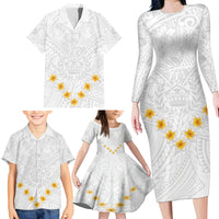 Tonga White Sunday Family Matching Long Sleeve Bodycon Dress and Hawaiian Shirt Polynesian Plumeria Tribal Simple LT9 - Wonder Print Shop