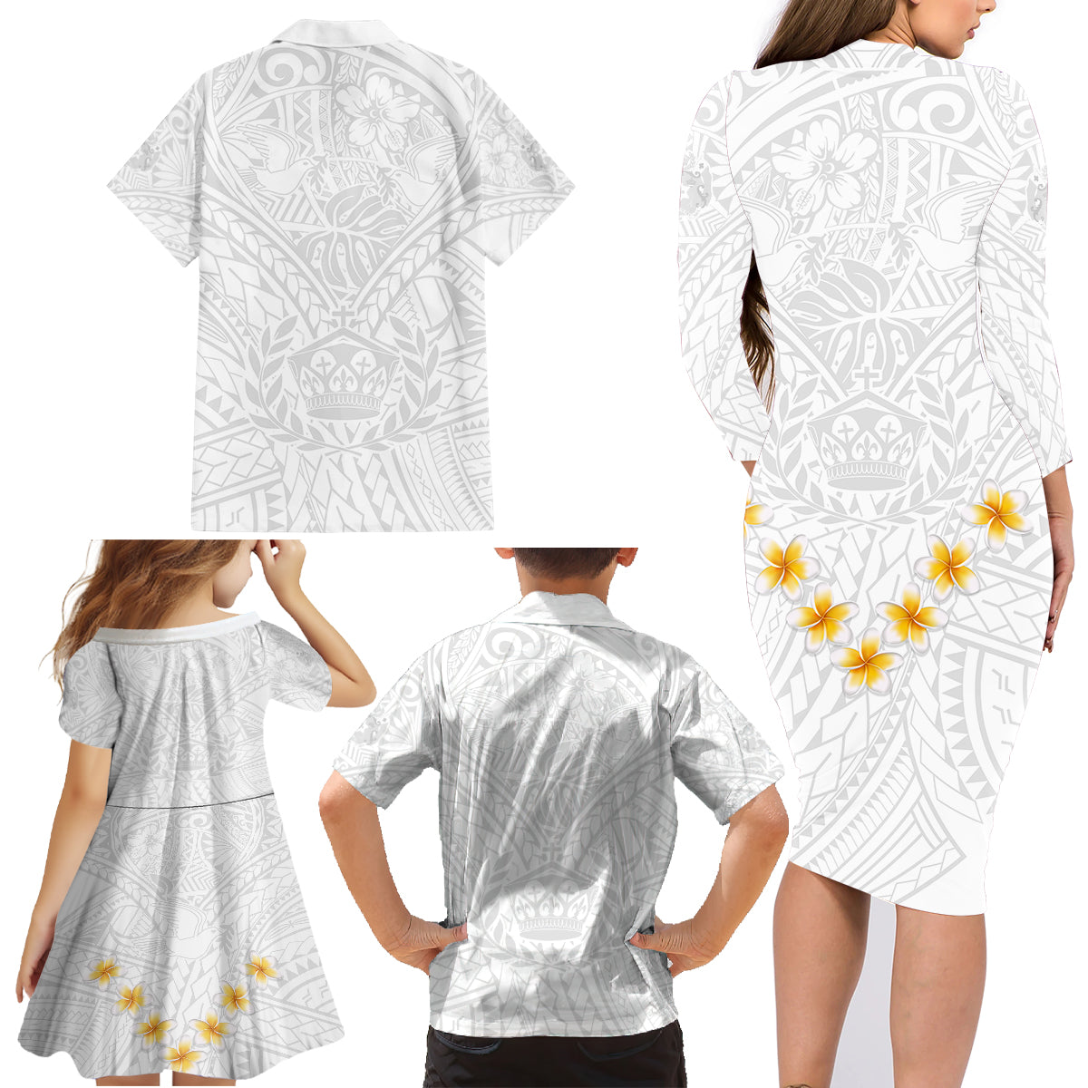 Tonga White Sunday Family Matching Long Sleeve Bodycon Dress and Hawaiian Shirt Polynesian Plumeria Tribal Simple LT9 - Wonder Print Shop