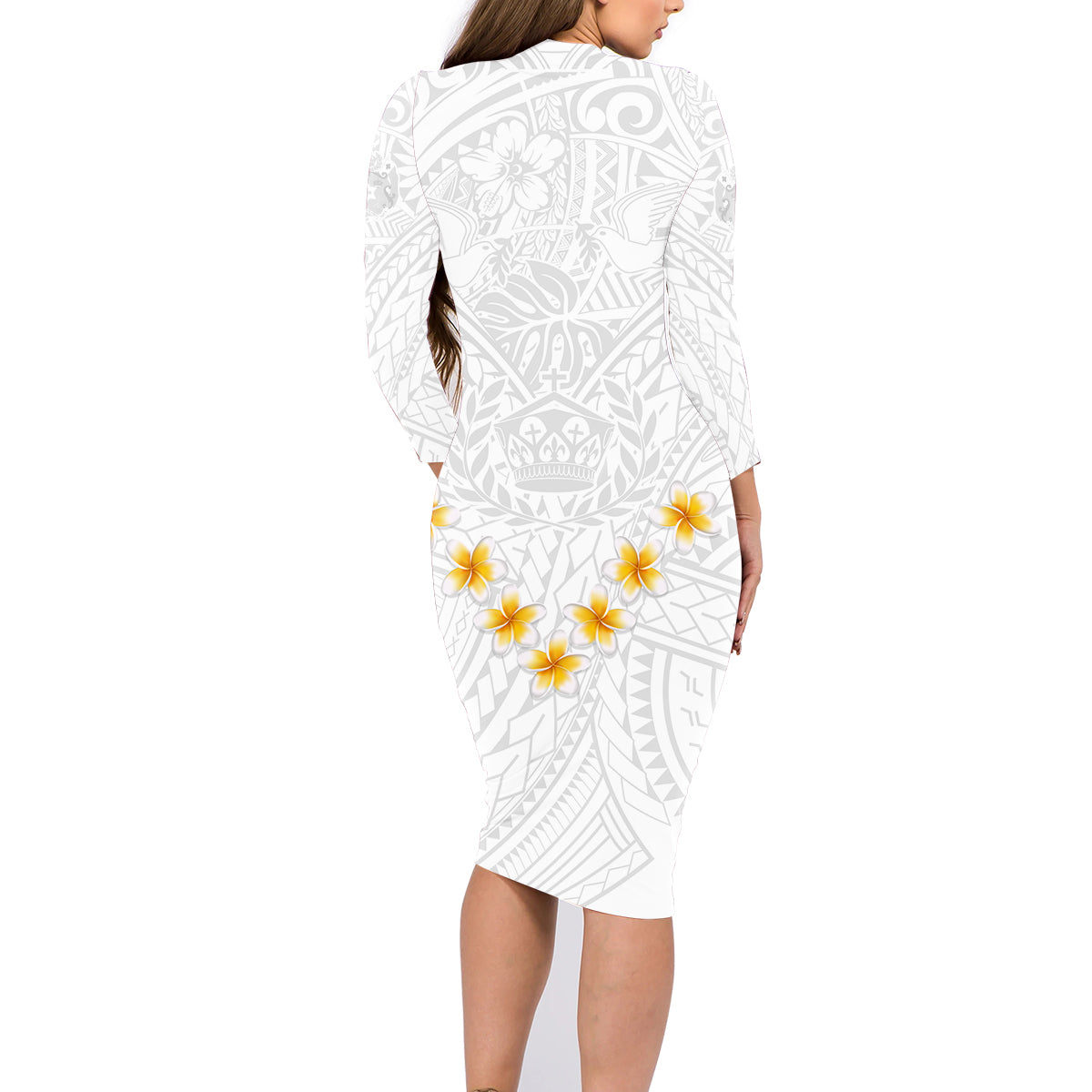 Tonga White Sunday Family Matching Long Sleeve Bodycon Dress and Hawaiian Shirt Polynesian Plumeria Tribal Simple LT9 - Wonder Print Shop