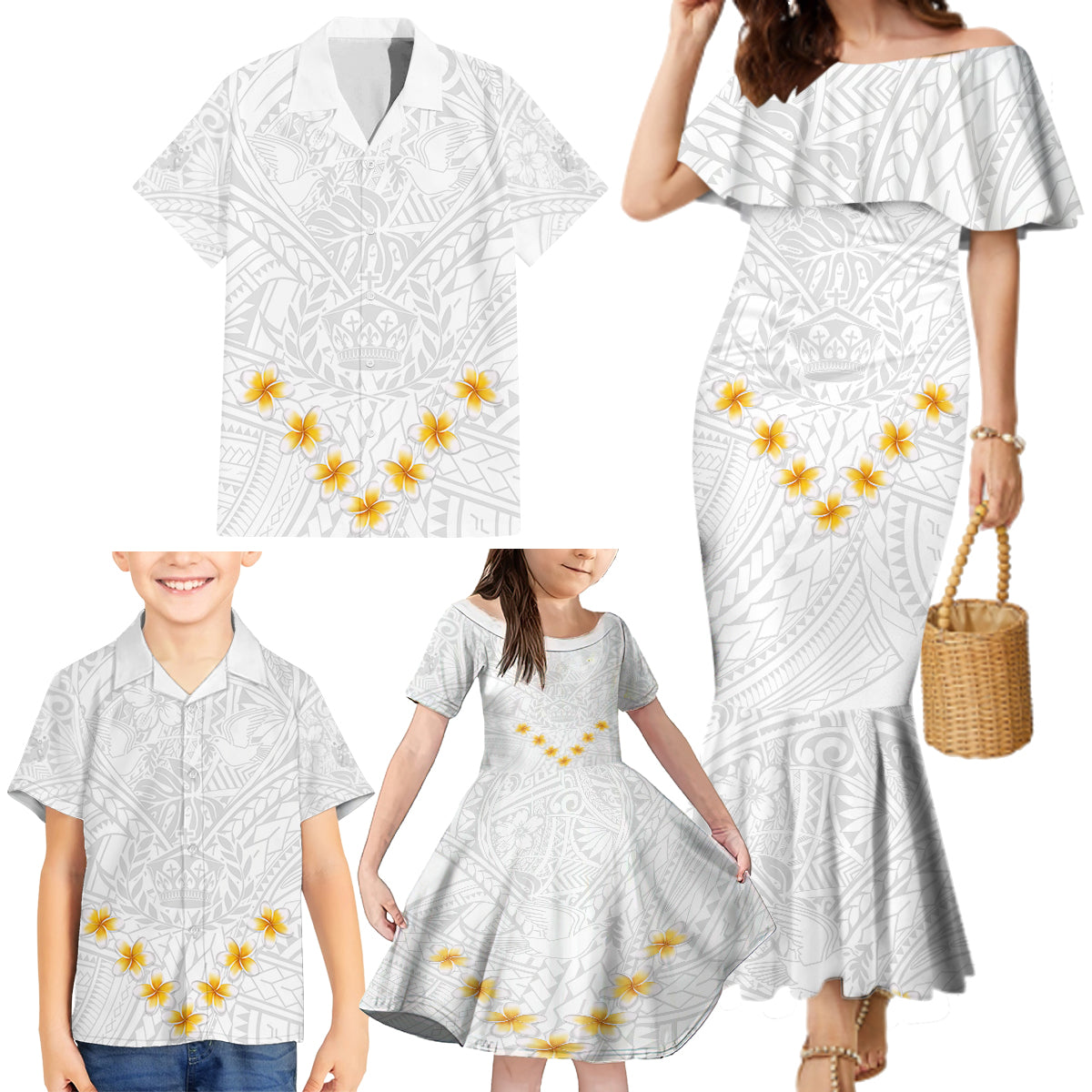 Tonga White Sunday Family Matching Mermaid Dress and Hawaiian Shirt Polynesian Plumeria Tribal Simple LT9 - Wonder Print Shop