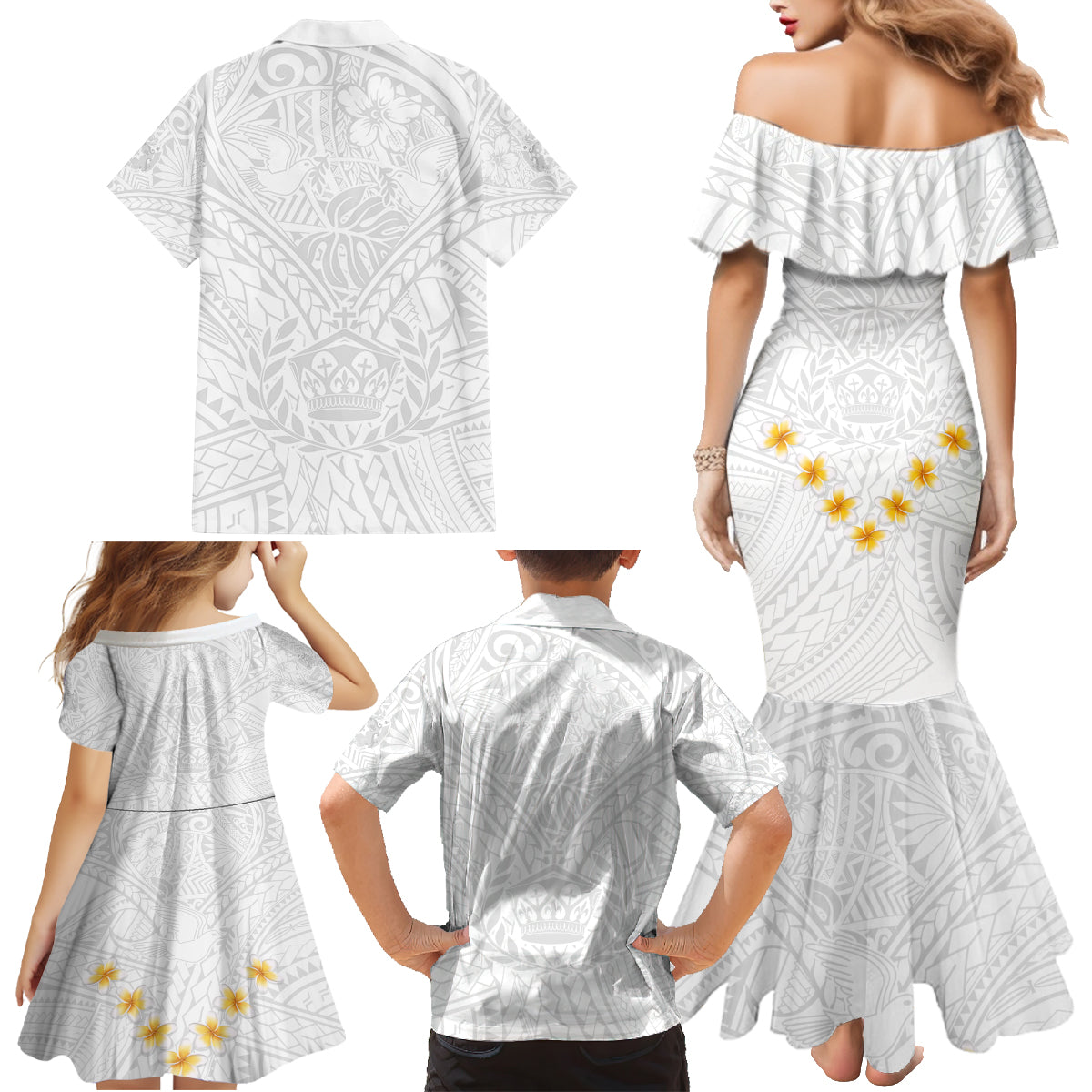 Tonga White Sunday Family Matching Mermaid Dress and Hawaiian Shirt Polynesian Plumeria Tribal Simple LT9 - Wonder Print Shop