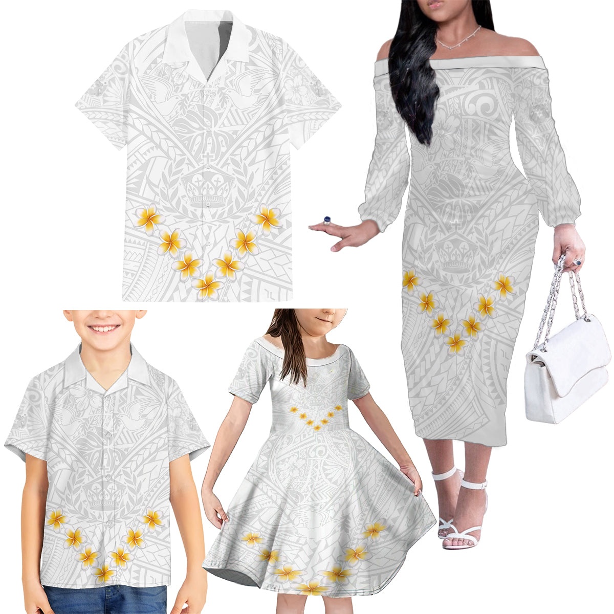 Tonga White Sunday Family Matching Off Shoulder Long Sleeve Dress and Hawaiian Shirt Polynesian Plumeria Tribal Simple - Wonder Print Shop