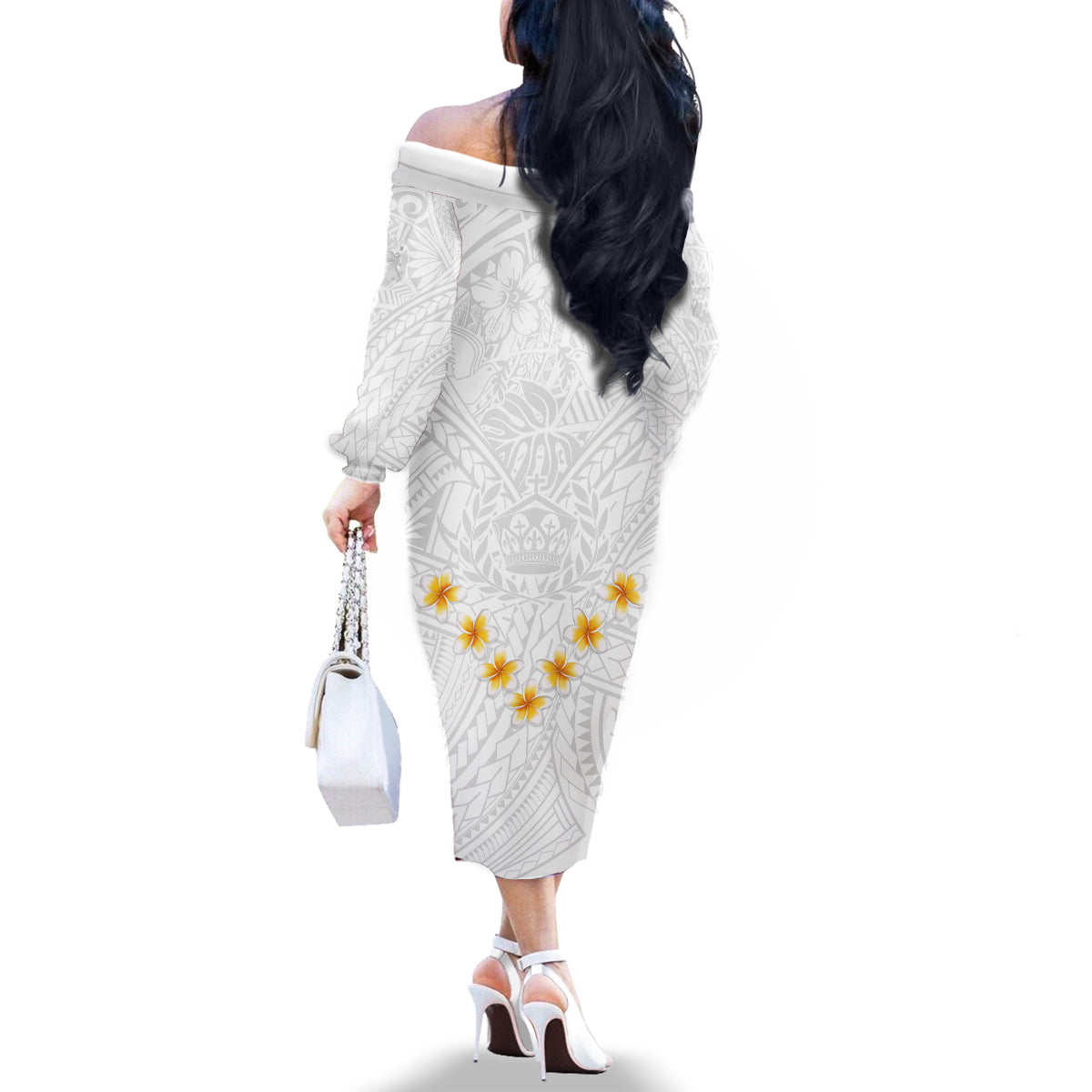 Tonga White Sunday Family Matching Off Shoulder Long Sleeve Dress and Hawaiian Shirt Polynesian Plumeria Tribal Simple - Wonder Print Shop