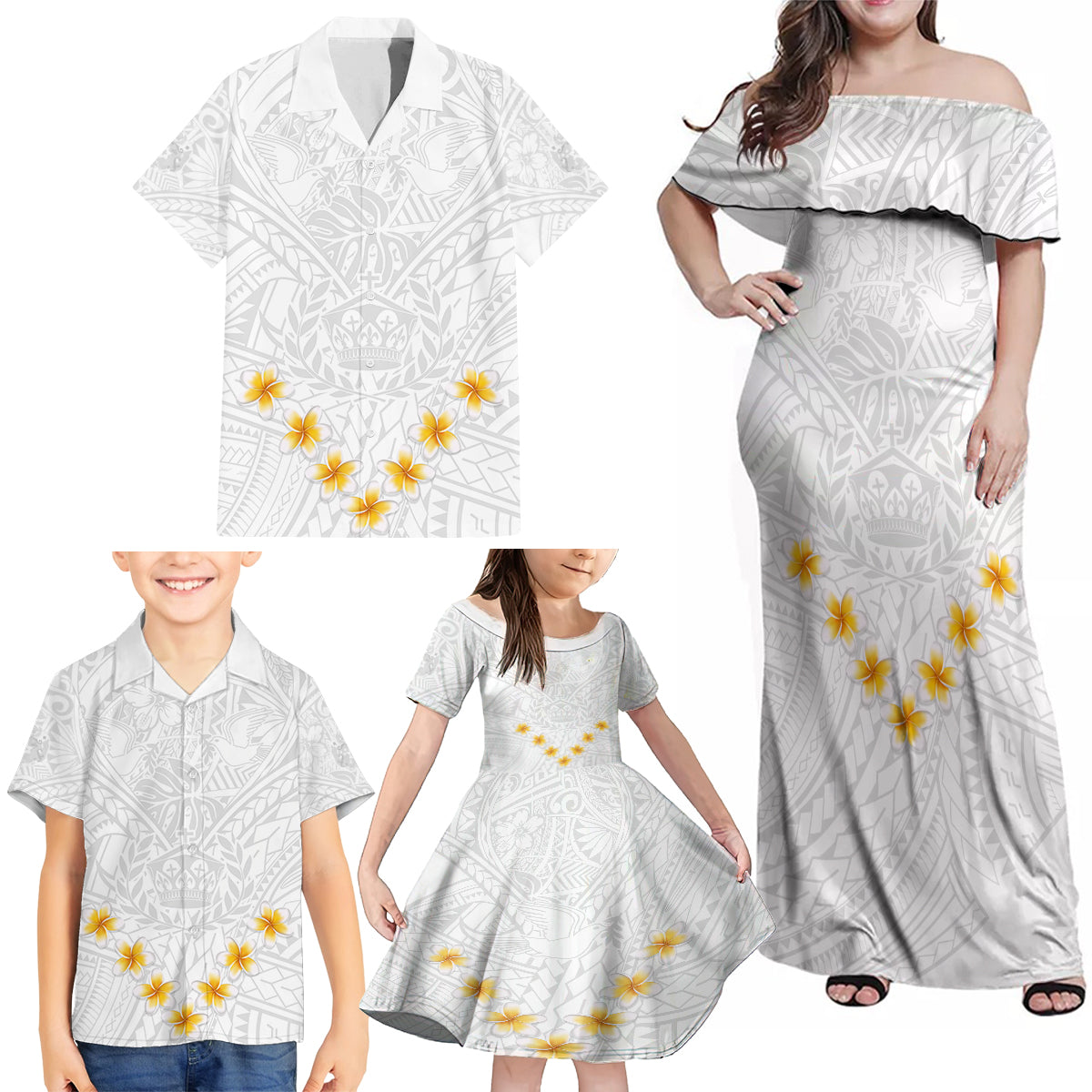 Tonga White Sunday Family Matching Off Shoulder Maxi Dress and Hawaiian Shirt Polynesian Plumeria Tribal Simple LT9 - Wonder Print Shop