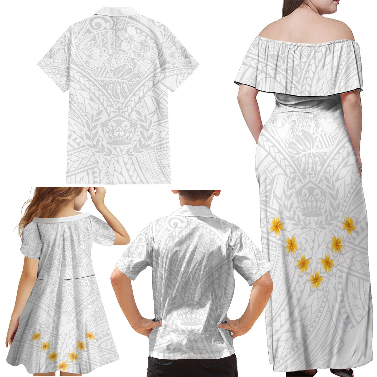 Tonga White Sunday Family Matching Off Shoulder Maxi Dress and Hawaiian Shirt Polynesian Plumeria Tribal Simple LT9 - Wonder Print Shop