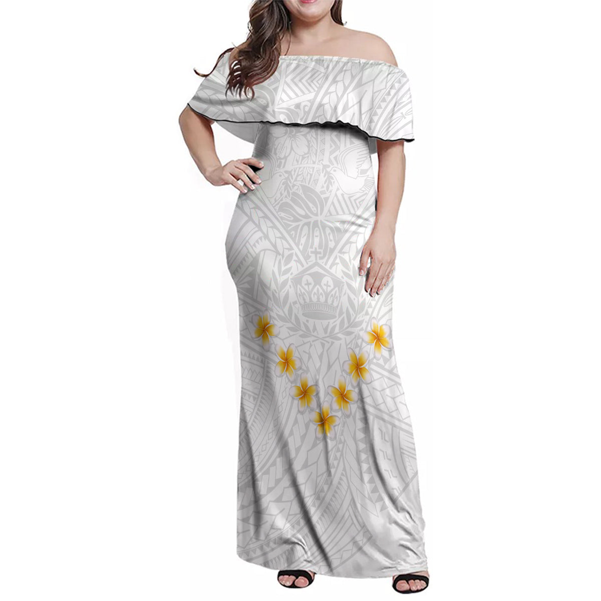 Tonga White Sunday Family Matching Off Shoulder Maxi Dress and Hawaiian Shirt Polynesian Plumeria Tribal Simple LT9 - Wonder Print Shop