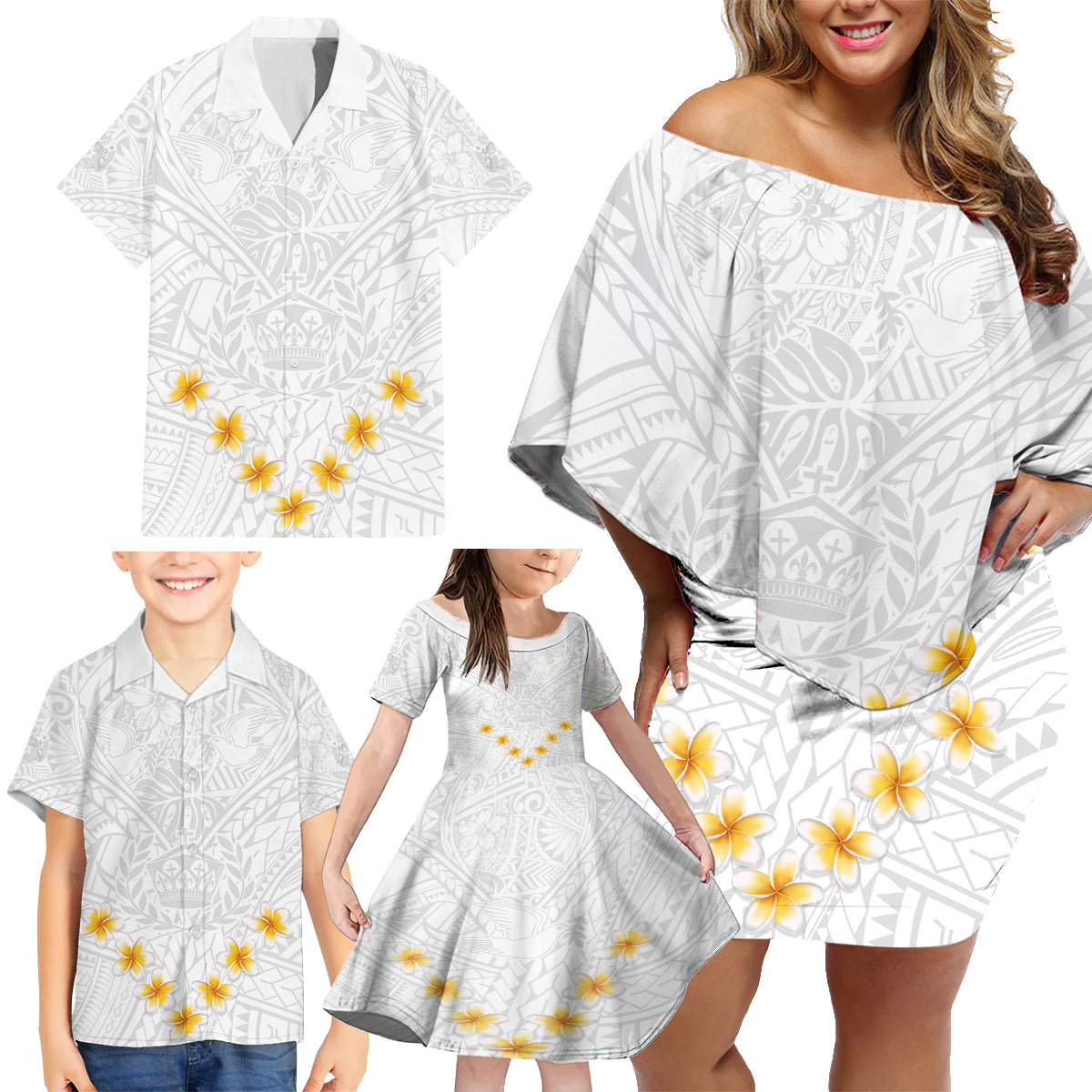 Tonga White Sunday Family Matching Off Shoulder Short Dress and Hawaiian Shirt Polynesian Plumeria Tribal Simple LT9 - Wonder Print Shop