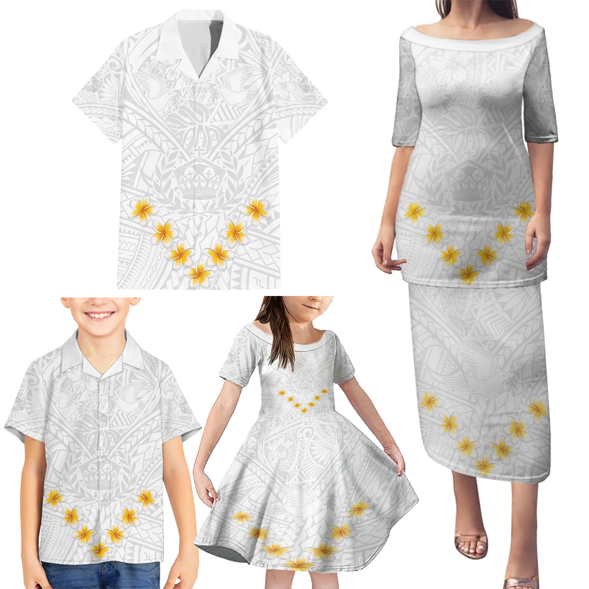 Tonga White Sunday Family Matching Puletasi Dress and Hawaiian Shirt Polynesian Plumeria Tribal Simple - Wonder Print Shop
