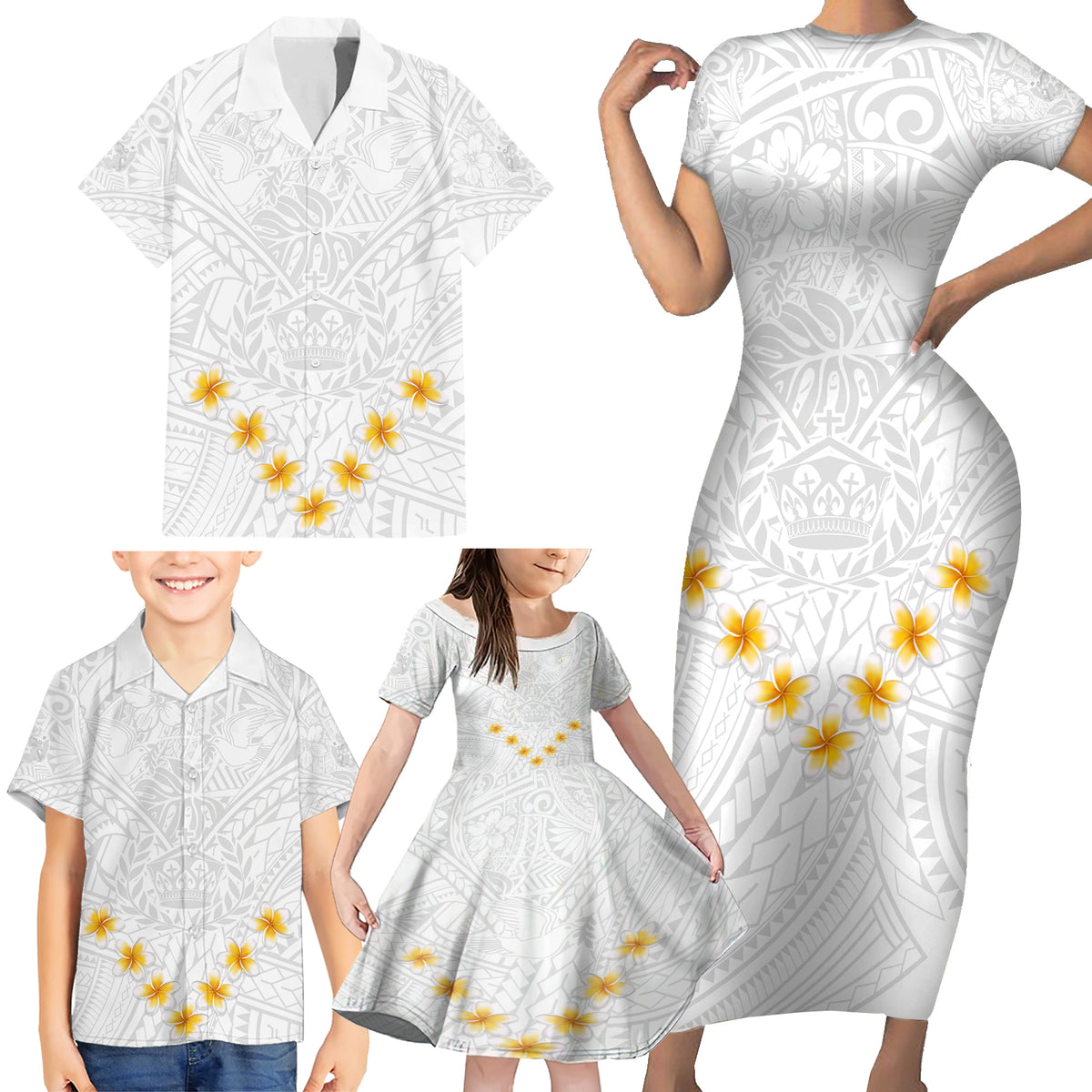 Tonga White Sunday Family Matching Short Sleeve Bodycon Dress and Hawaiian Shirt Polynesian Plumeria Tribal Simple - Wonder Print Shop