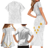 Tonga White Sunday Family Matching Short Sleeve Bodycon Dress and Hawaiian Shirt Polynesian Plumeria Tribal Simple - Wonder Print Shop