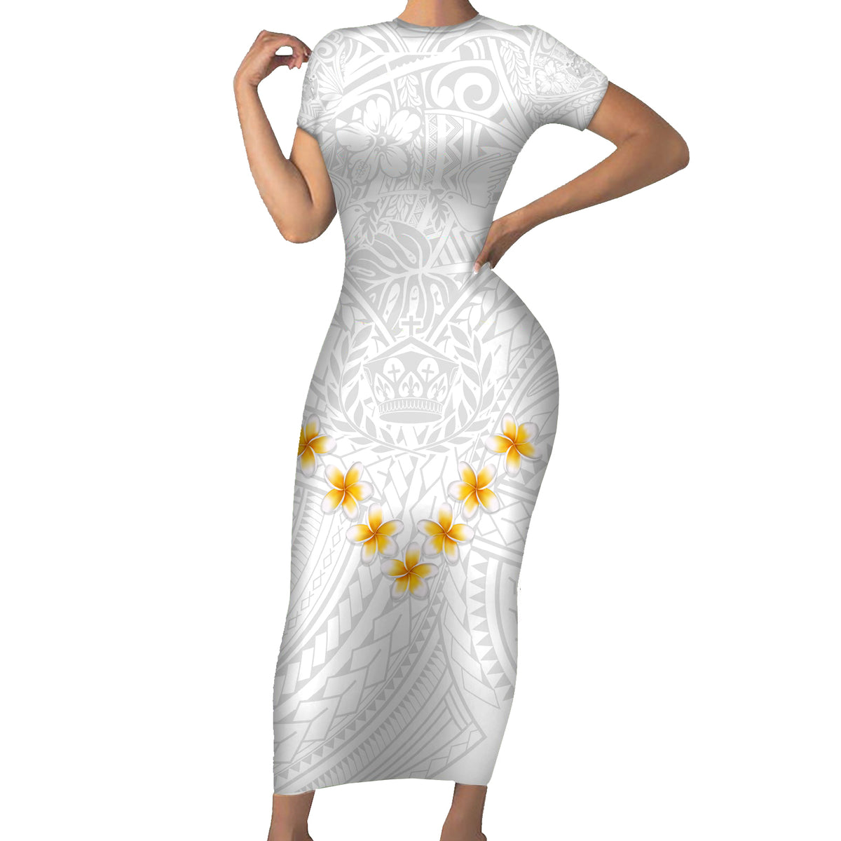 Tonga White Sunday Family Matching Short Sleeve Bodycon Dress and Hawaiian Shirt Polynesian Plumeria Tribal Simple - Wonder Print Shop
