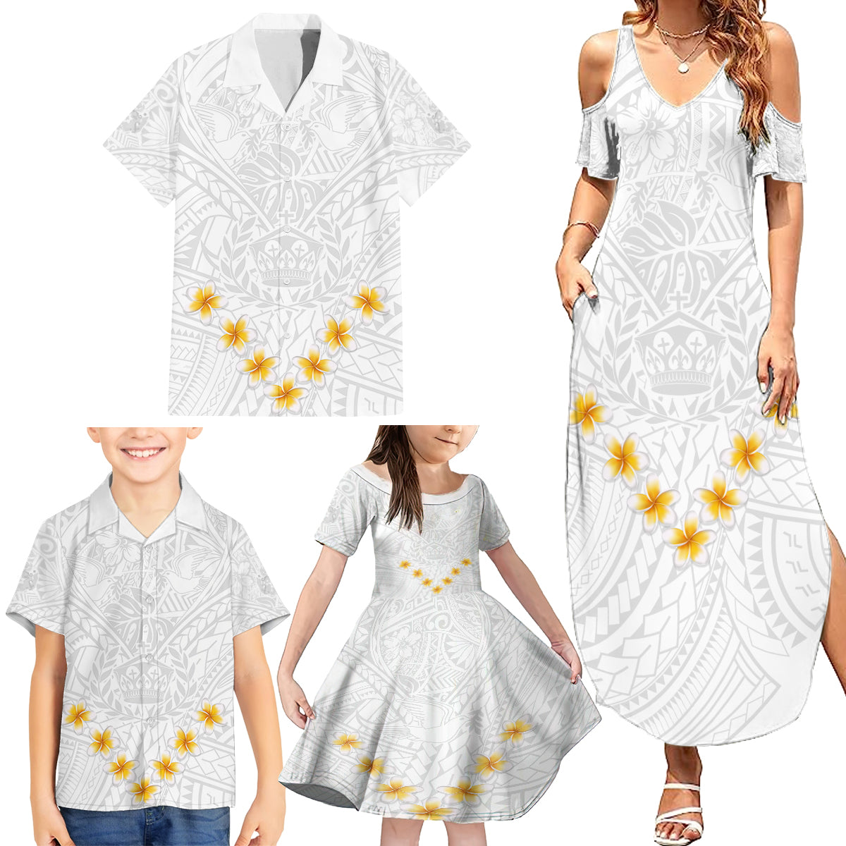Tonga White Sunday Family Matching Summer Maxi Dress and Hawaiian Shirt Polynesian Plumeria Tribal Simple - Wonder Print Shop