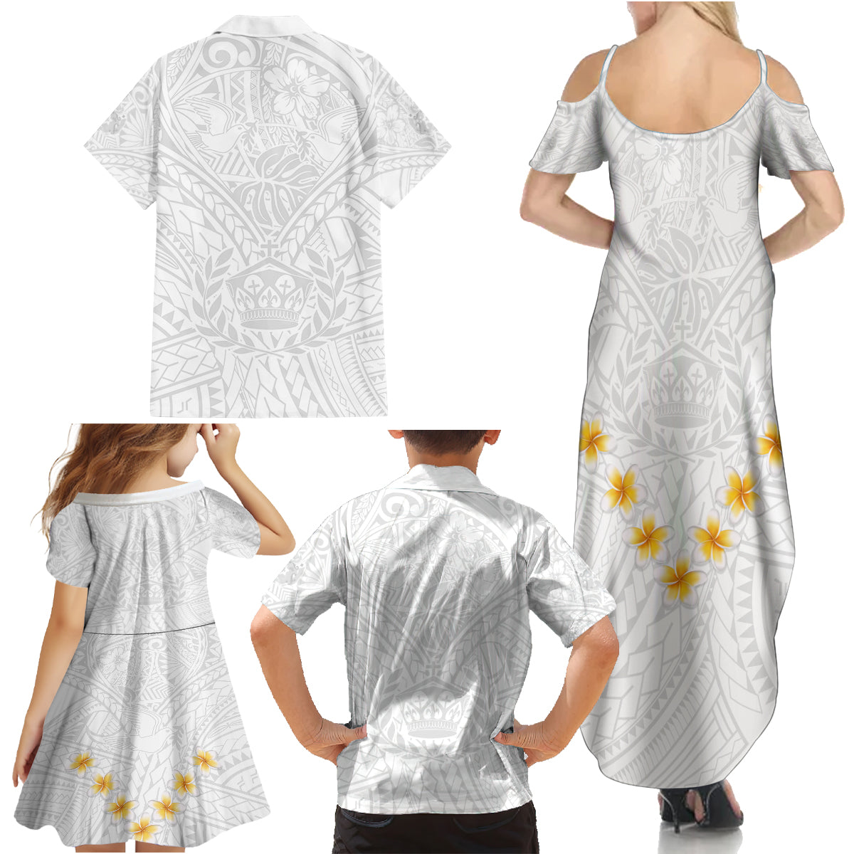 Tonga White Sunday Family Matching Summer Maxi Dress and Hawaiian Shirt Polynesian Plumeria Tribal Simple - Wonder Print Shop