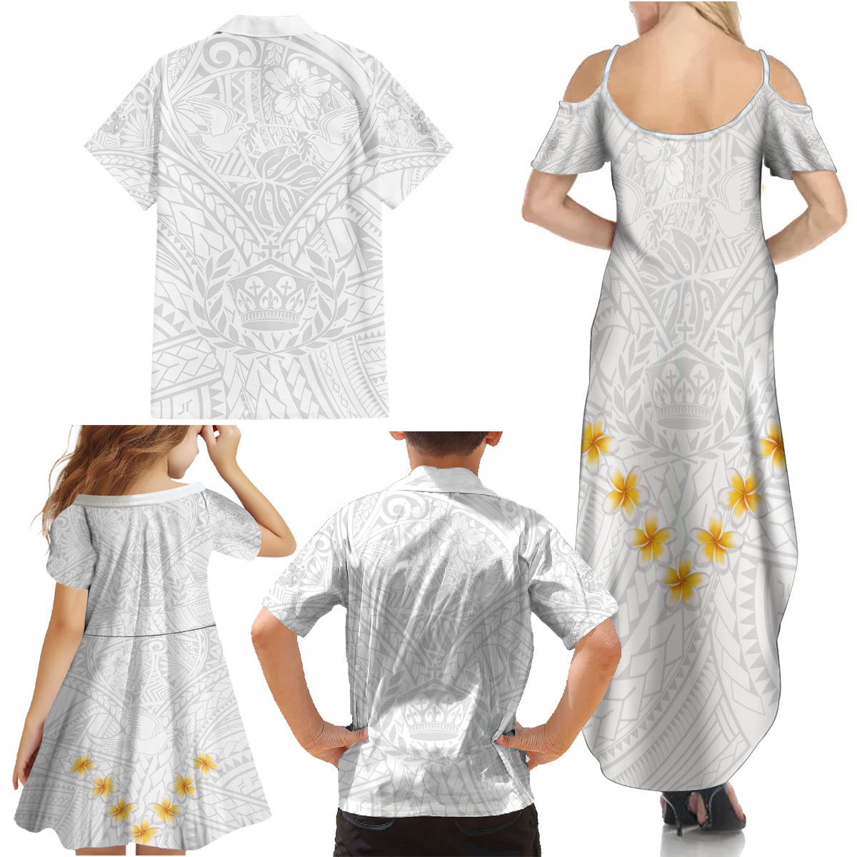 Tonga White Sunday Family Matching Summer Maxi Dress and Hawaiian Shirt Polynesian Plumeria Tribal Simple - Wonder Print Shop