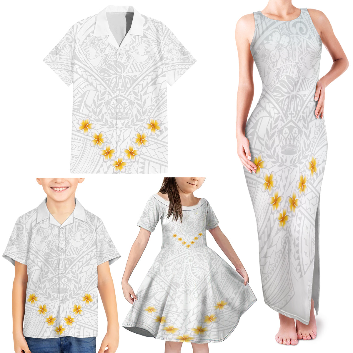 Tonga White Sunday Family Matching Tank Maxi Dress and Hawaiian Shirt Polynesian Plumeria Tribal Simple - Wonder Print Shop
