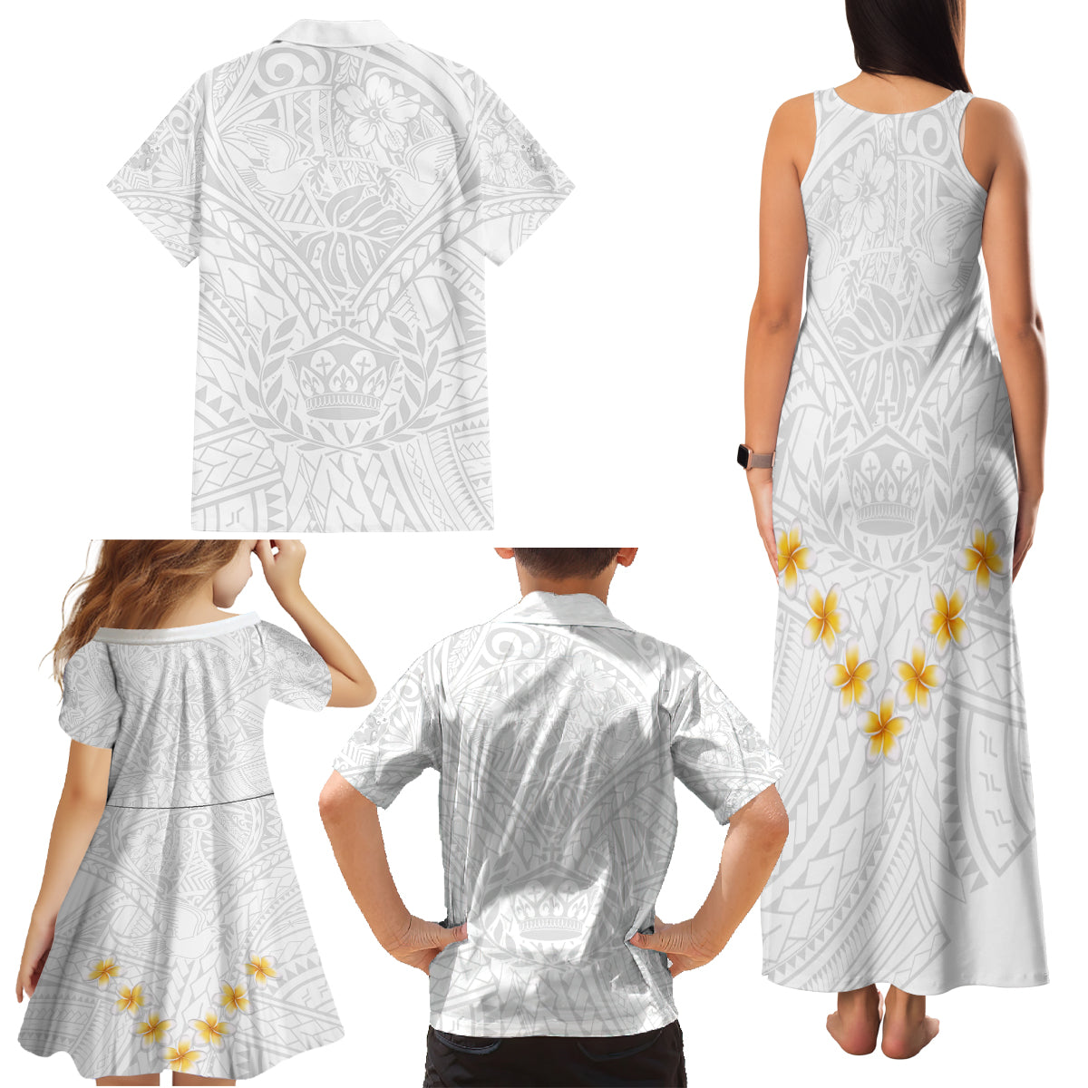 Tonga White Sunday Family Matching Tank Maxi Dress and Hawaiian Shirt Polynesian Plumeria Tribal Simple - Wonder Print Shop