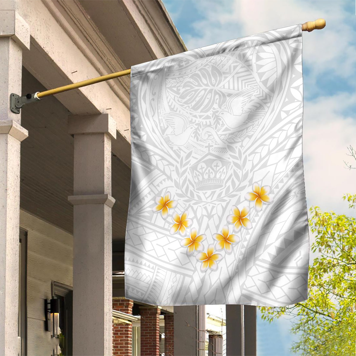 Tonga White Sunday Garden Flag Polynesian Plumeria Tribal Simple - Wonder Print Shop