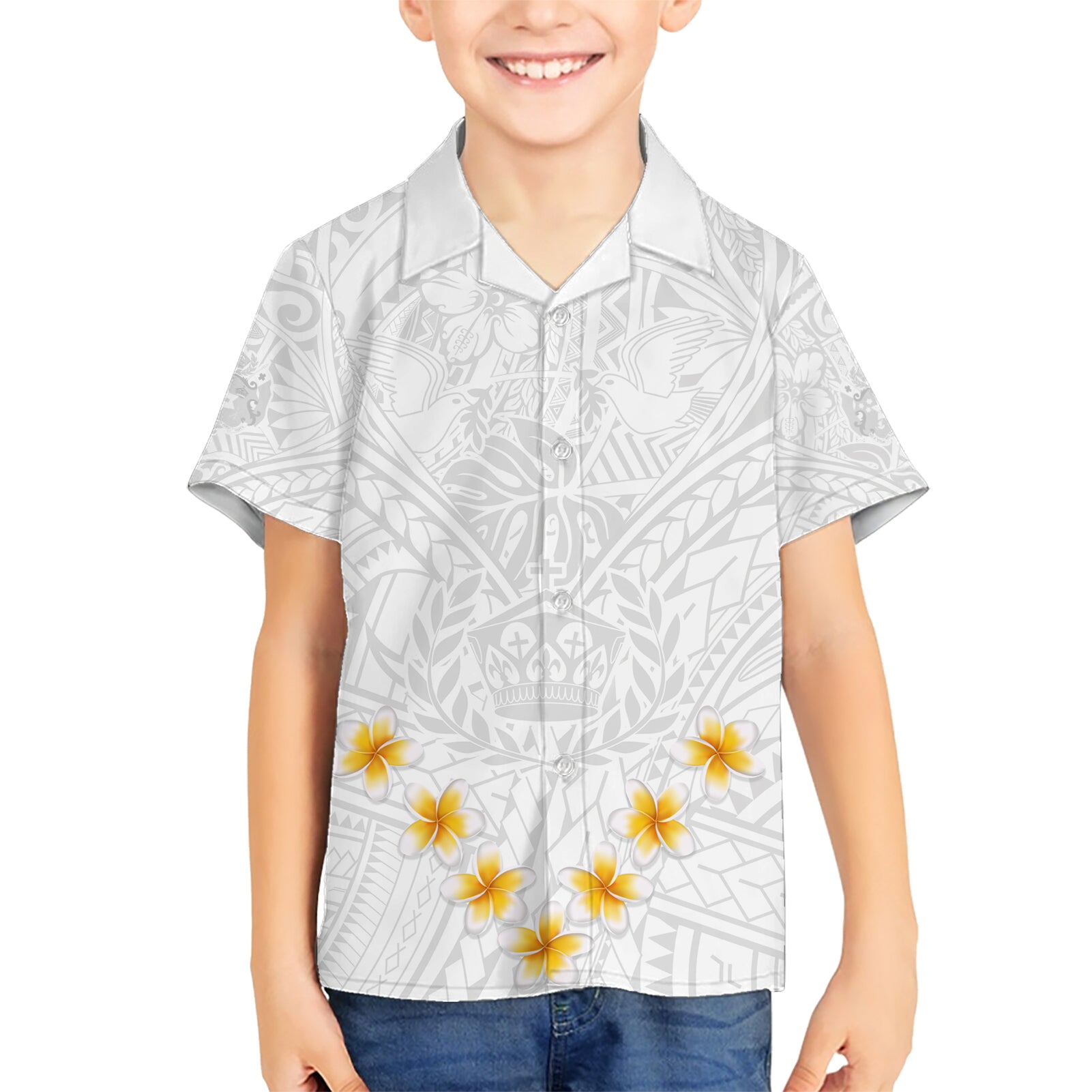 Tonga White Sunday Kid Hawaiian Shirt Polynesian Plumeria Tribal Simple - Wonder Print Shop