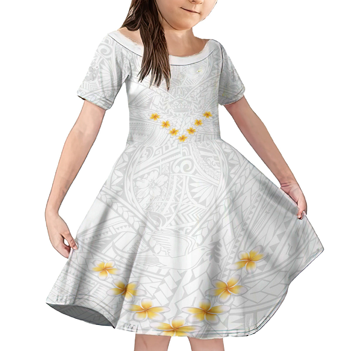 Tonga White Sunday Kid Short Sleeve Dress Polynesian Plumeria Tribal Simple - Wonder Print Shop