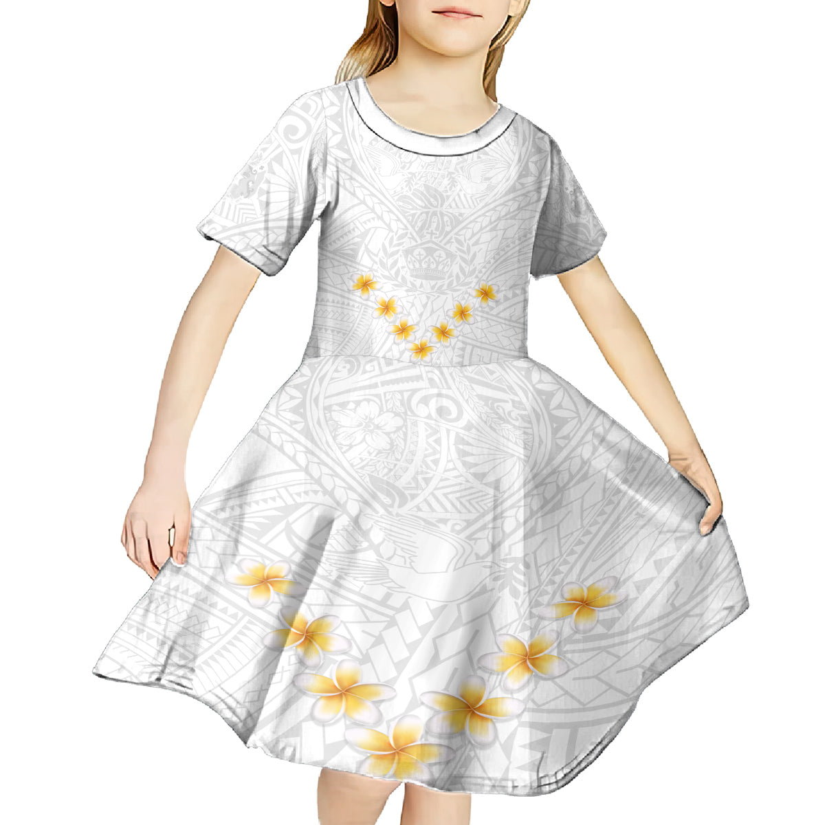 Tonga White Sunday Kid Short Sleeve Dress Polynesian Plumeria Tribal Simple - Wonder Print Shop