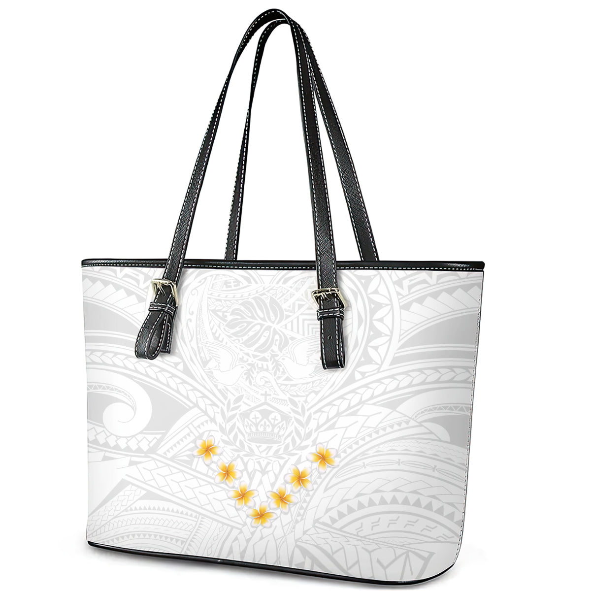 Tonga White Sunday Leather Tote Bag Polynesian Plumeria Tribal Simple - Wonder Print Shop
