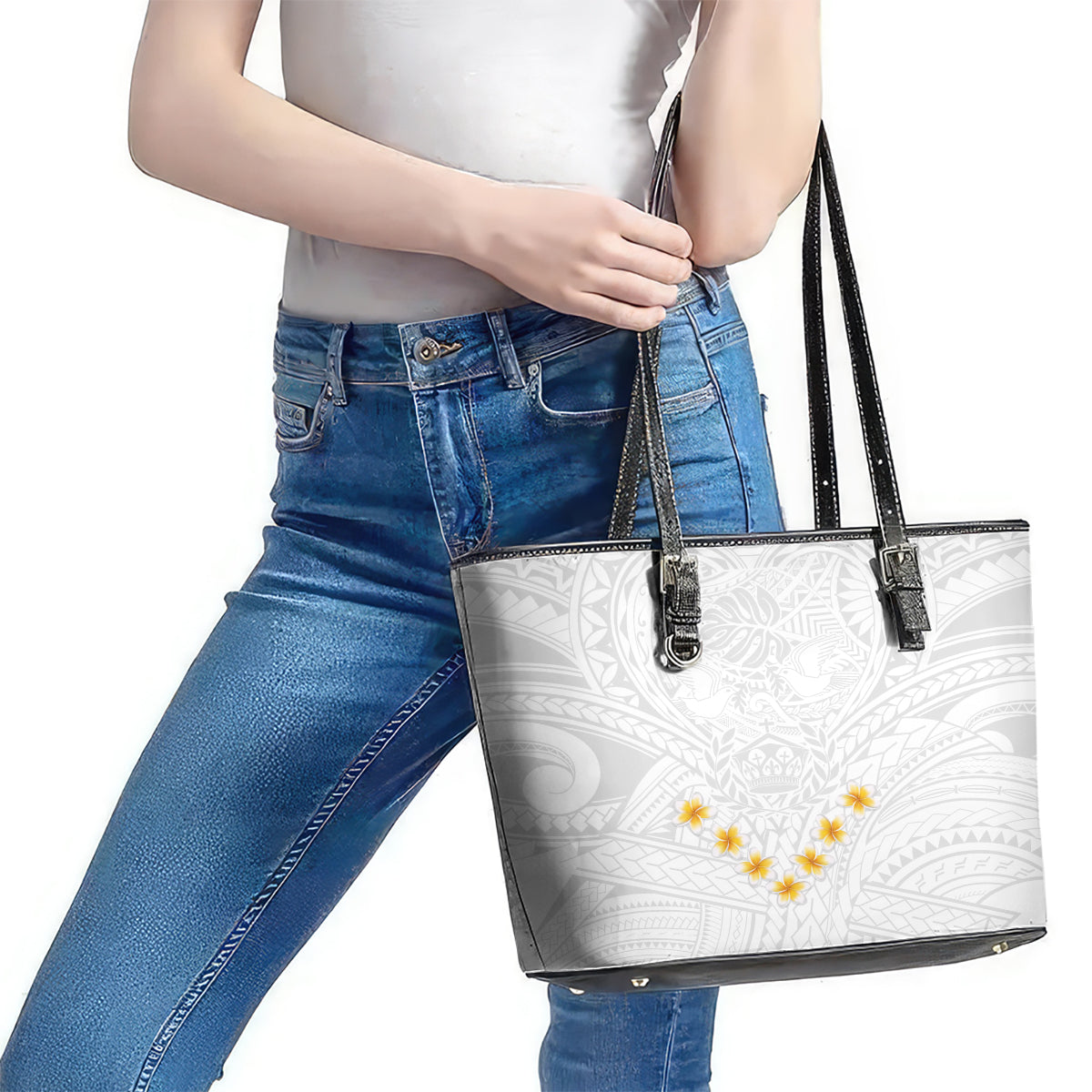Tonga White Sunday Leather Tote Bag Polynesian Plumeria Tribal Simple - Wonder Print Shop