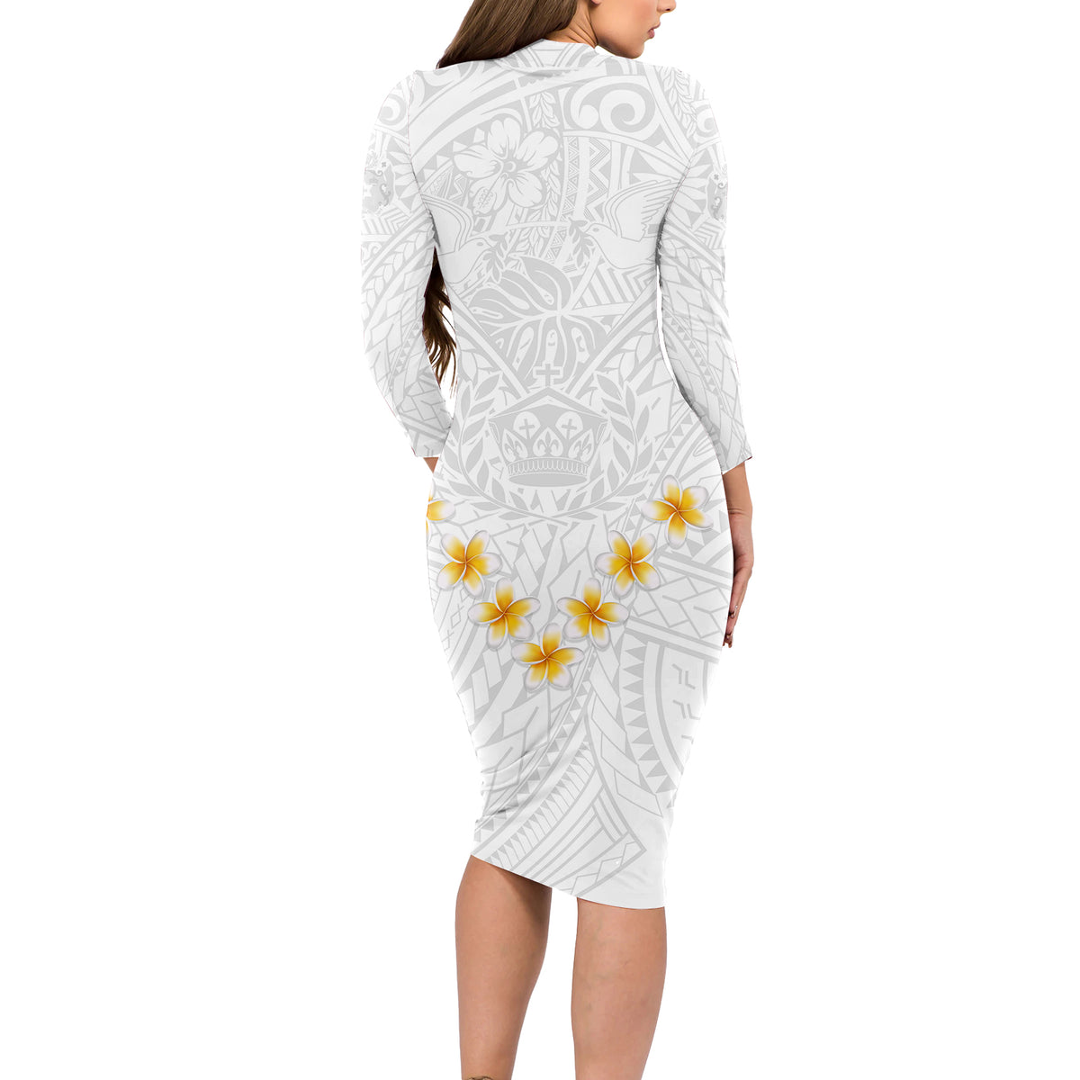 Tonga White Sunday Long Sleeve Bodycon Dress Polynesian Plumeria Tribal Simple - Wonder Print Shop