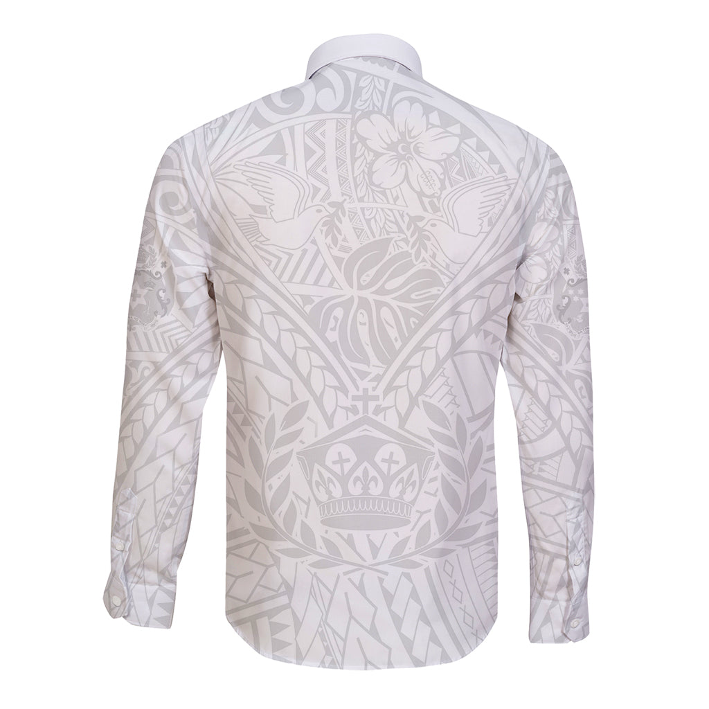 Tonga White Sunday Long Sleeve Button Shirt Polynesian Plumeria Tribal Simple - Wonder Print Shop