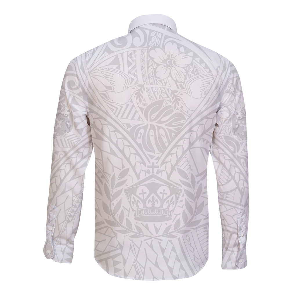 Tonga White Sunday Long Sleeve Button Shirt Polynesian Plumeria Tribal Simple - Wonder Print Shop