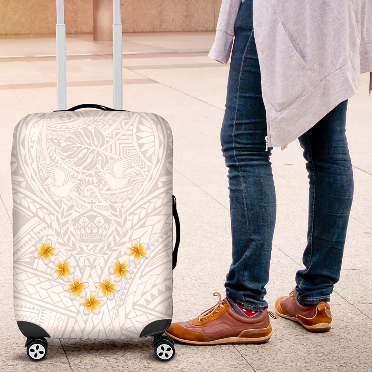 Tonga White Sunday Luggage Cover Polynesian Plumeria Tribal Simple - Wonder Print Shop